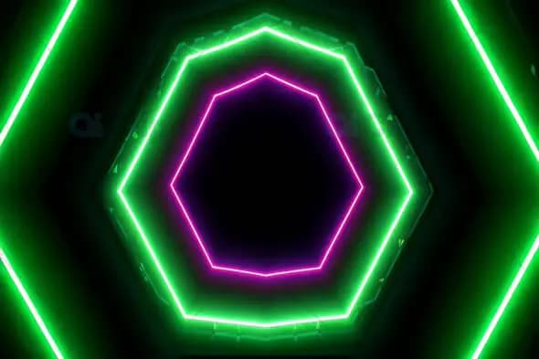 Neon Hexagonal Tunnel with Green and Pink Glowing Lights