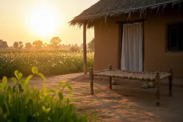 Village Hut with Cot at Sunset