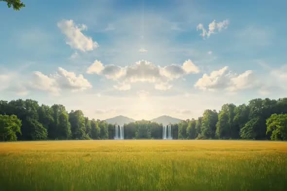 Serene Countryside Landscape Twin Waterfalls Golden Field