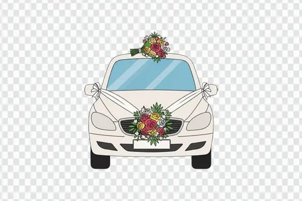 Illustrated Wedding Car with Floral Decoration Clipart PNG