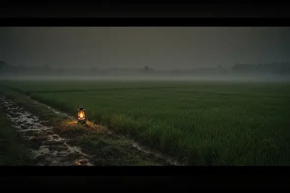 Foggy Paddy Field at Dawn with Lantern – Indian Village Moodscape