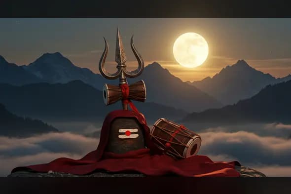 Shiva Lingam with Trishul and Damru under Full Moon in Himalayas | AIClips Sacred Devotional Art