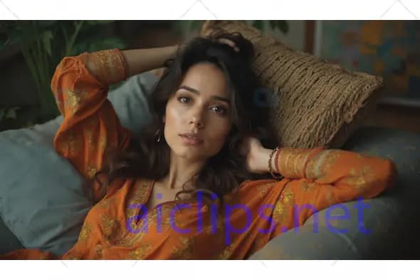 Woman Relaxing on Sofa in Traditional Orange Dress