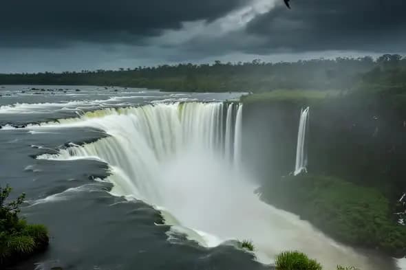 Powerful Waterfall Cascade Dramatic Stormy Sky Landscape
