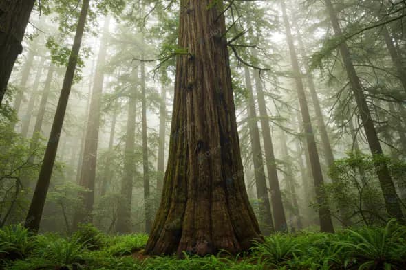 Majestic Redwood in Misty Forest