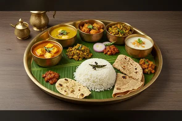 Traditional South Indian Vegetarian Thali with Paneer & Curd in Brass Utensils | AIClips