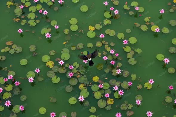 Lotus Pond with Bird in Flight