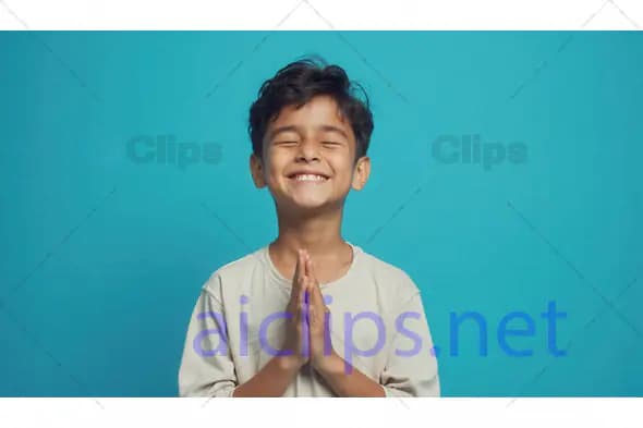 Smiling Child in Namaste Pose on Blue Background