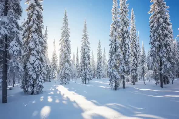 Snow-Covered Pine Forest Glistening Winter Wonderland Scenery