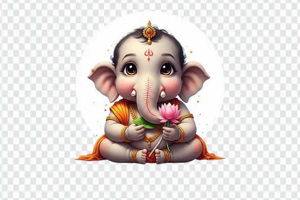 Adorable Baby Ganesha Holding Lotus Flower PNG