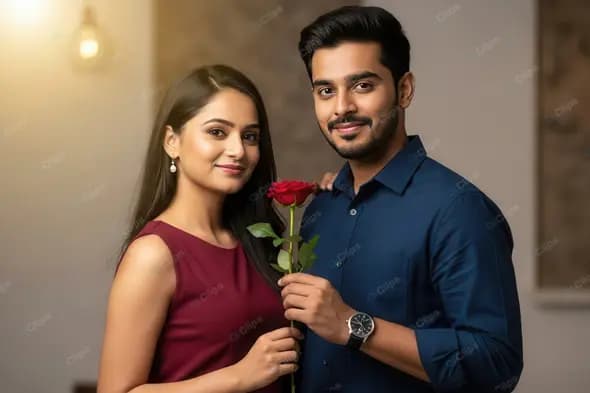 Affectionate Indian Couple with a Red Rose