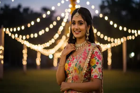 Indian Woman in Festive Lehenga with Wedding Lights
