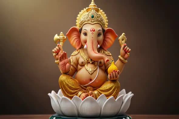 Ornate Ganesha Idol Seated on Lotus Flower Pedestal
