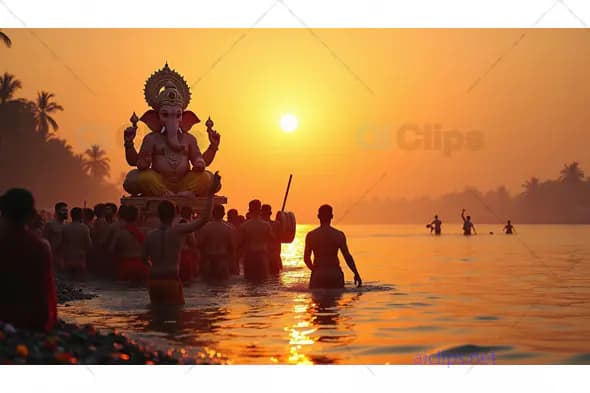 Ganesh Visarjan Procession at Sunset with Devotees in River