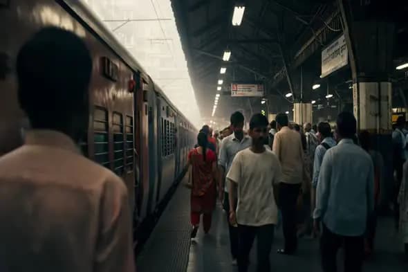 Busy Indian Railway Station with Commuters and Local Train Arrival