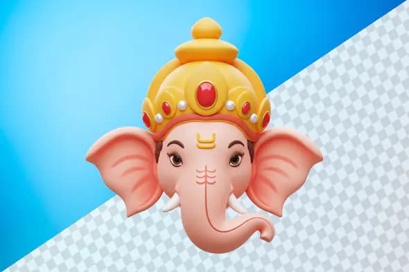 Cheerful Ganesha head with golden crown on blue background