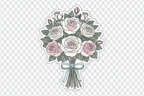 Illustrated Pastel Rose Bouquet with Blue Ribbon PNG