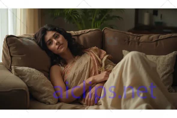 Elegant Woman Relaxing on Sofa in Traditional Saree