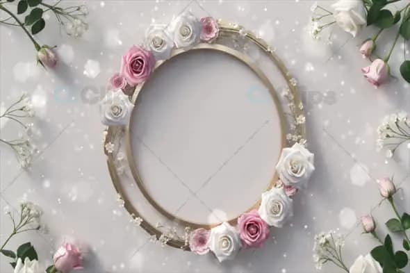 Romantic Floral Gold Ring Frame with Sparkling White Background
