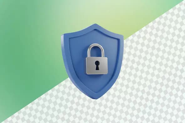 Blue shield with silver padlock security symbol