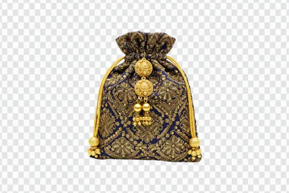 Luxurious Gold-Embroidered Navy Potli Bag PNG Clipart