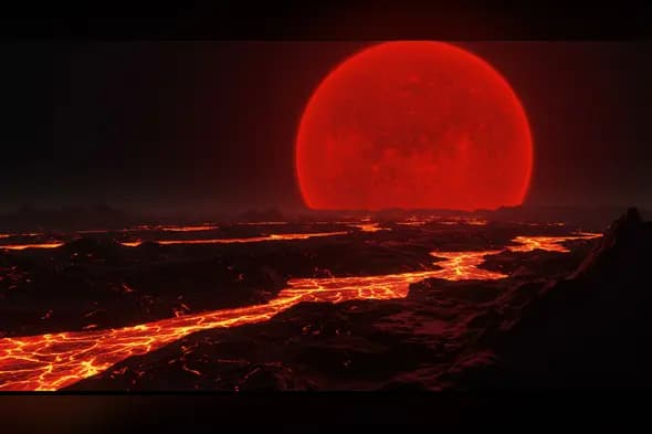 Molten Exoplanet Surface with Giant Red Sun – Cinematic Sci-Fi Landscape