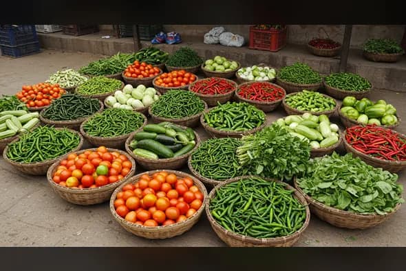 Fresh Indian Street Vegetable Market Basket Display | AIClips Bazaar Stock Photo