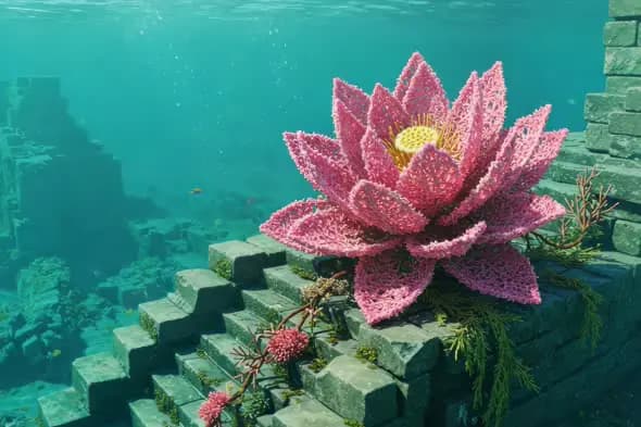 Sacred Coral Lotus Blooming Underwater Ruins