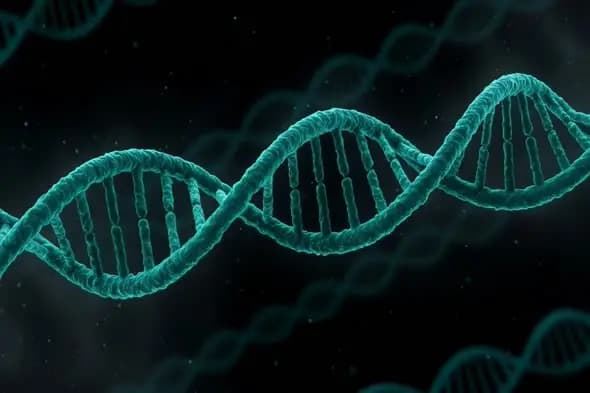 Luminescent DNA Double Helix in Teal Against Dark Background