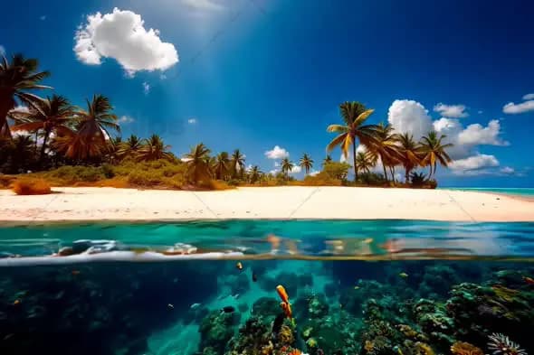 Tropical Beach and Underwater Coral Split View