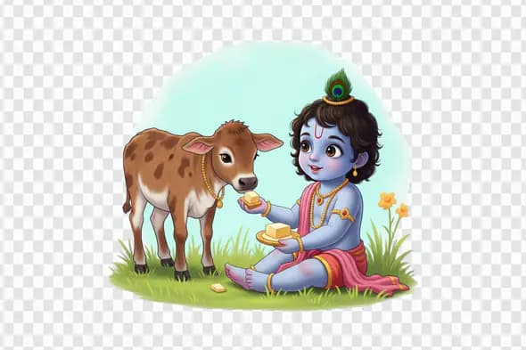 Baby Krishna feeding calf cute illustration PNG