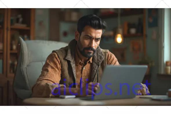 Man Focused on Laptop in Cozy Home Office
