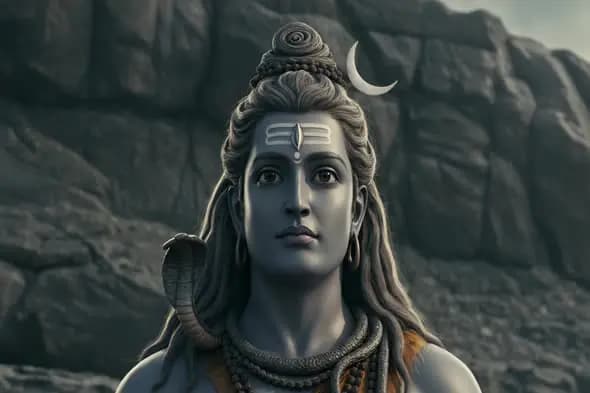 Lord Shiva in Divine Trance with Crescent Moon and Serpent in Himalayas