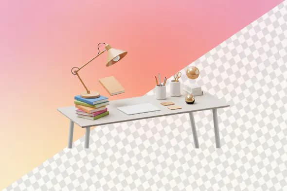 Modern workspace desk with books and desk lamp