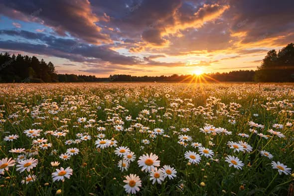 Golden Sunset Over Daisy Meadow