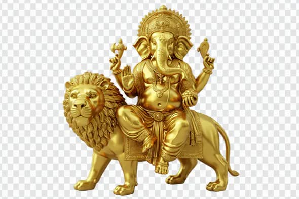 Majestic Golden Ganesha Riding Lion PNG Clipart