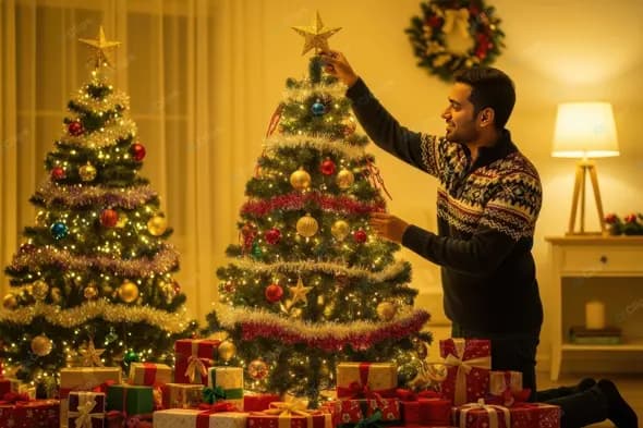 Joyful Man Decorating a Christmas Tree