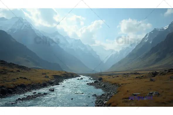Mountain Valley River with Snowy Peaks