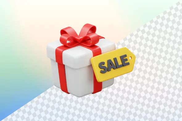 Gift box with red ribbon and yellow sale tag