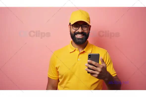 Smiling Man in Yellow with Smartphone