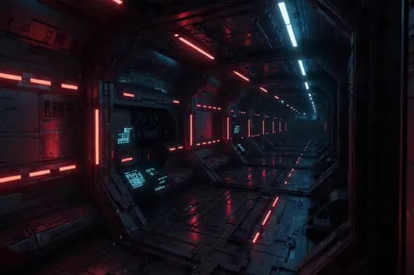 Futuristic Sci-Fi Corridor with Neon Red and Blue Lighting