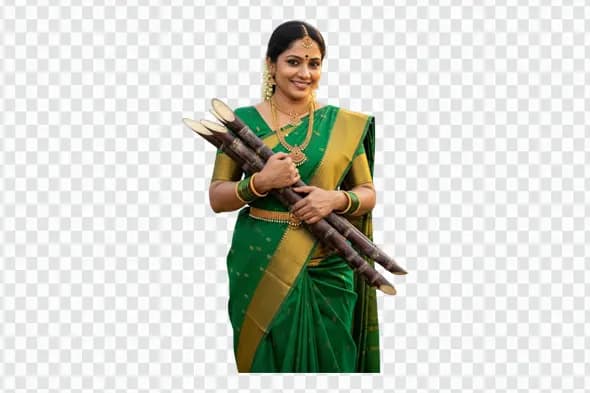 Woman in Green Saree Holding Sugarcane PNG Clipart