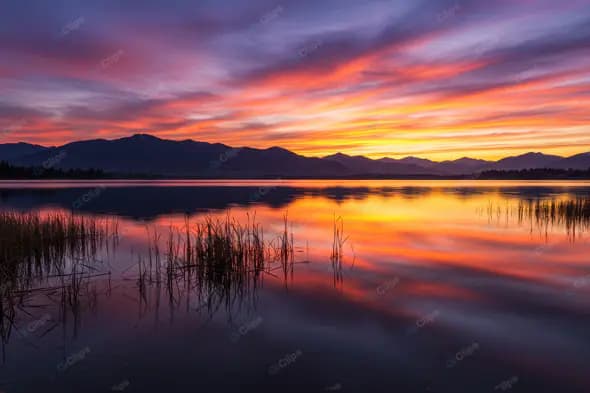 Fiery Lakeside Sunset Panorama