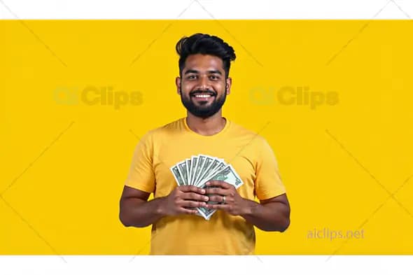 Smiling Man Holding Cash Fan
