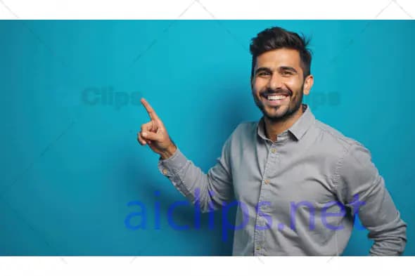 Smiling Man Pointing Upwards on Blue Background