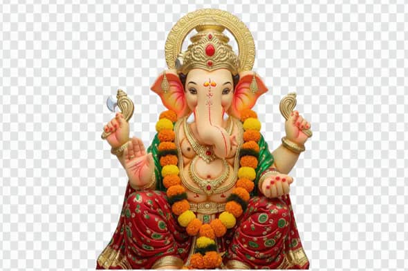 Ornate Ganesha Deity with Marigold Garland PNG