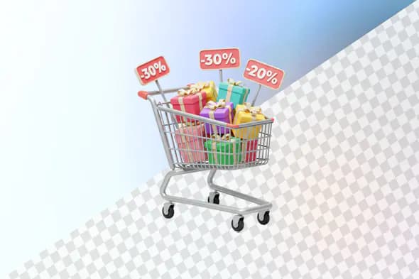 Shopping cart filled with discounted gift boxes