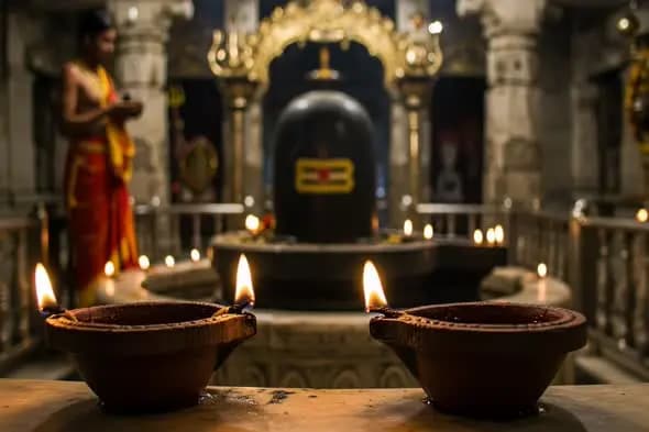 Oil lamps glowing in front of Shiva lingam at temple