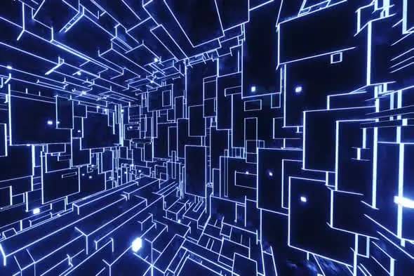 Futuristic Blue Neon Digital Grid Tunnel Animation