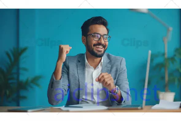 Happy Businessman Celebrating Achievement at Desk